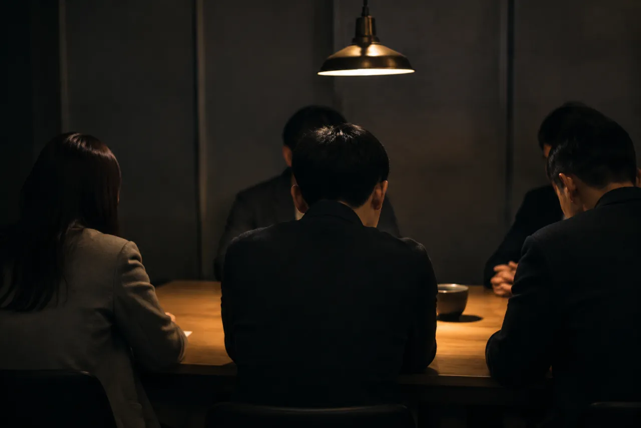 낮게 드리운 조명 아래 긴 탁자에 고개를 숙이고 앉은 사람들
